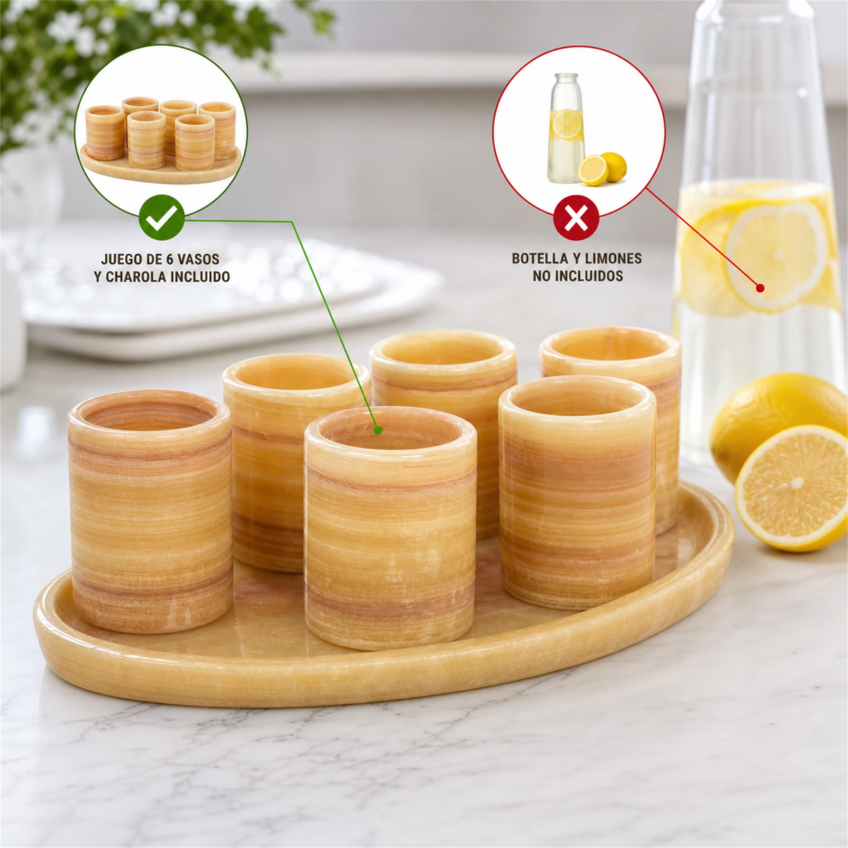 Juego de 6 vasos de ónix ámbar durazno con charola