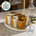 Juego de 6 vasos de ónix ámbar y marfil con charola