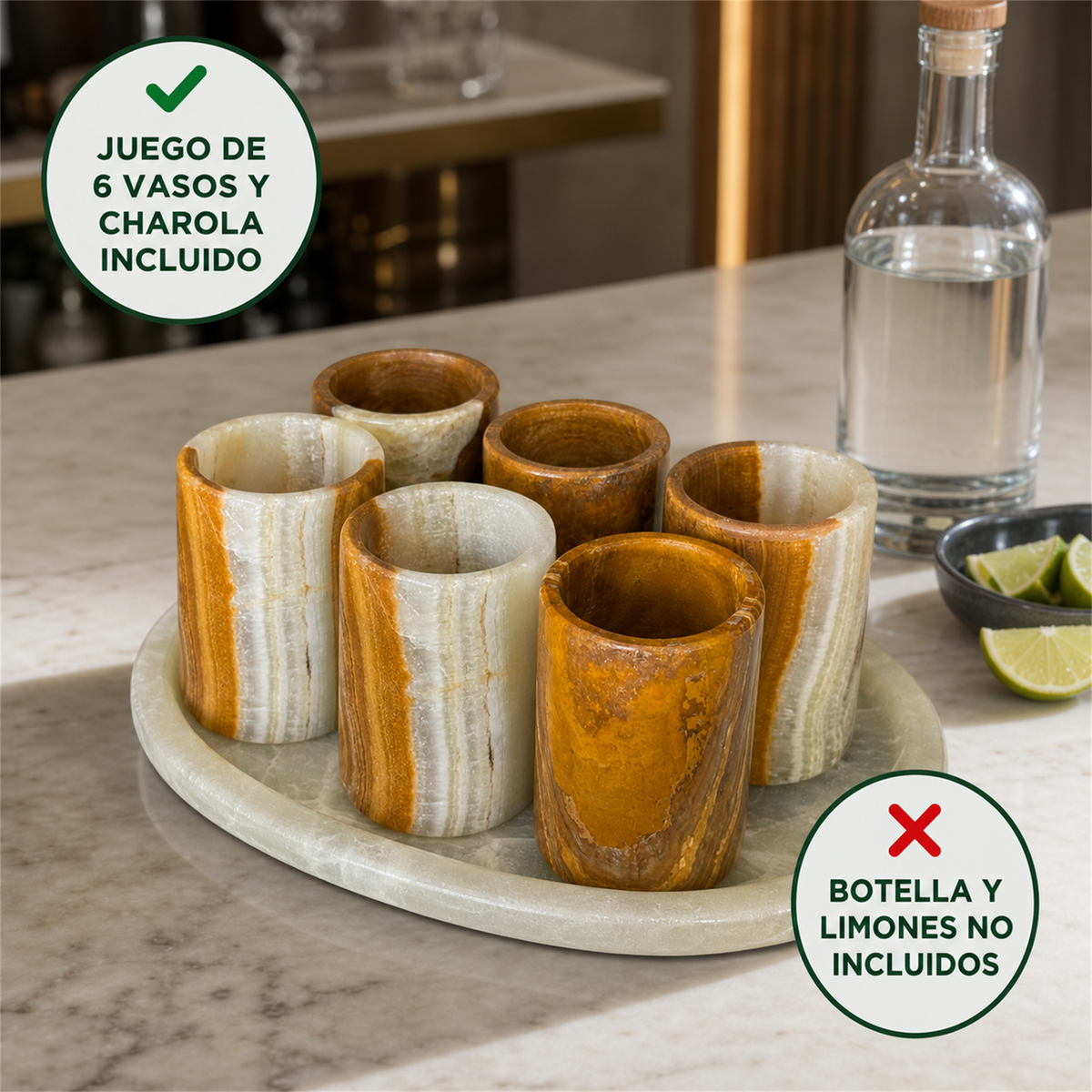 Juego de 6 vasos de ónix ámbar y marfil con charola