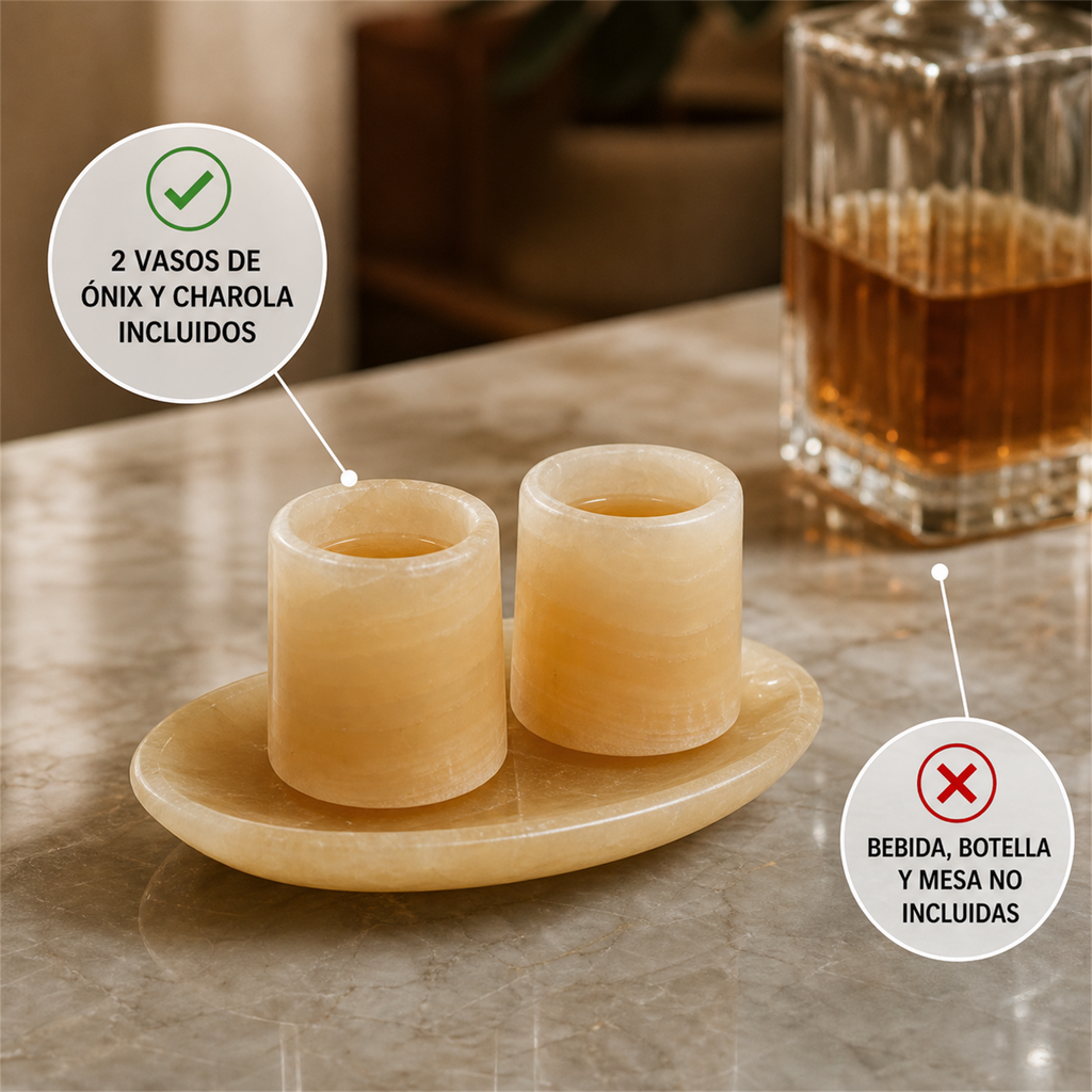 Juego de 2 vasos de ónix miel con charola