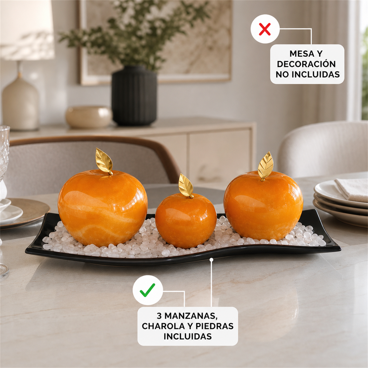 Conjunto de 3 manzanas de ónix naranja con charola