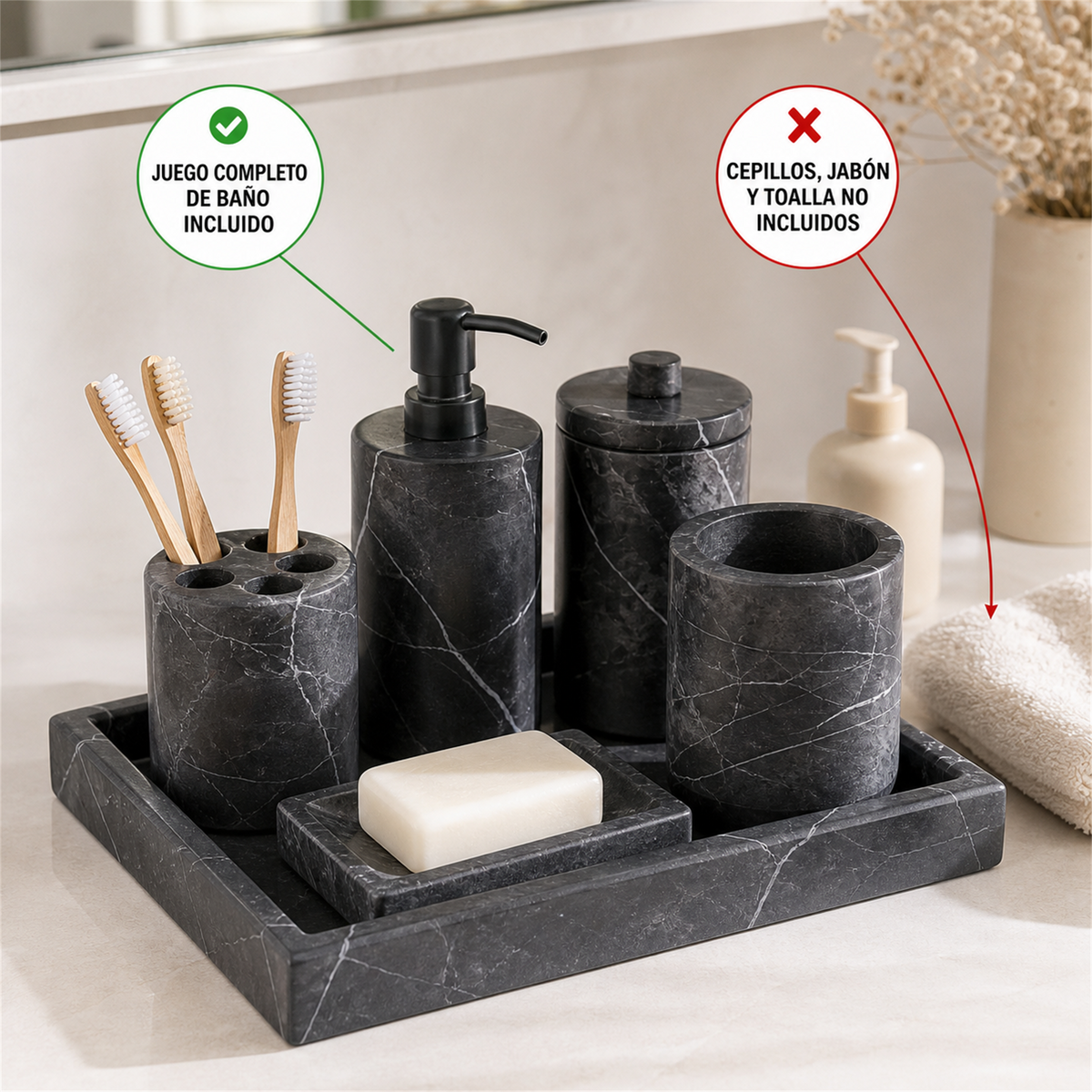 Juego de baño de mármol negro de 6 piezas