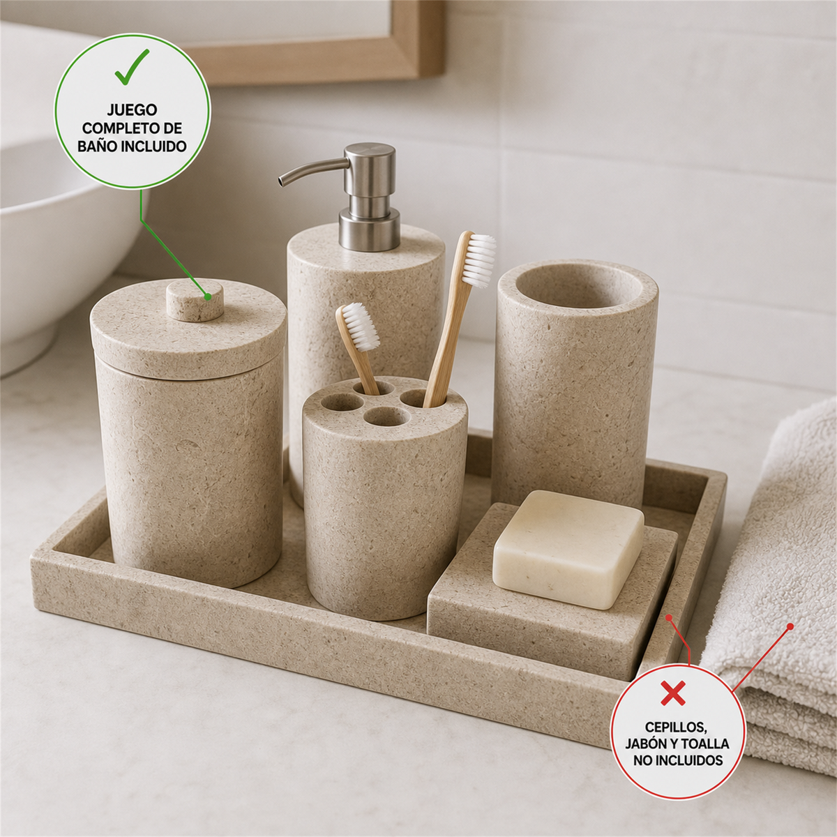 Juego de baño de piedra beige de 6 piezas