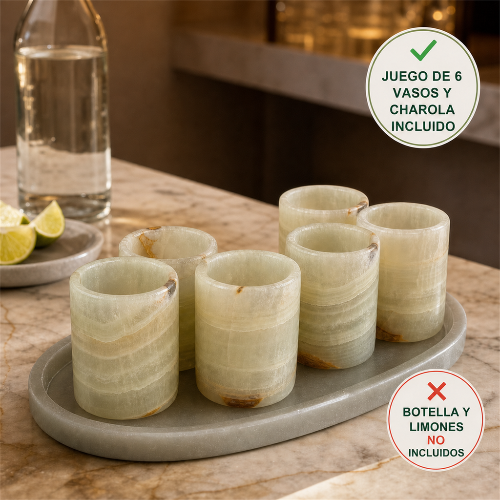 Juego de 6 vasos de ónix verde marfil con charola