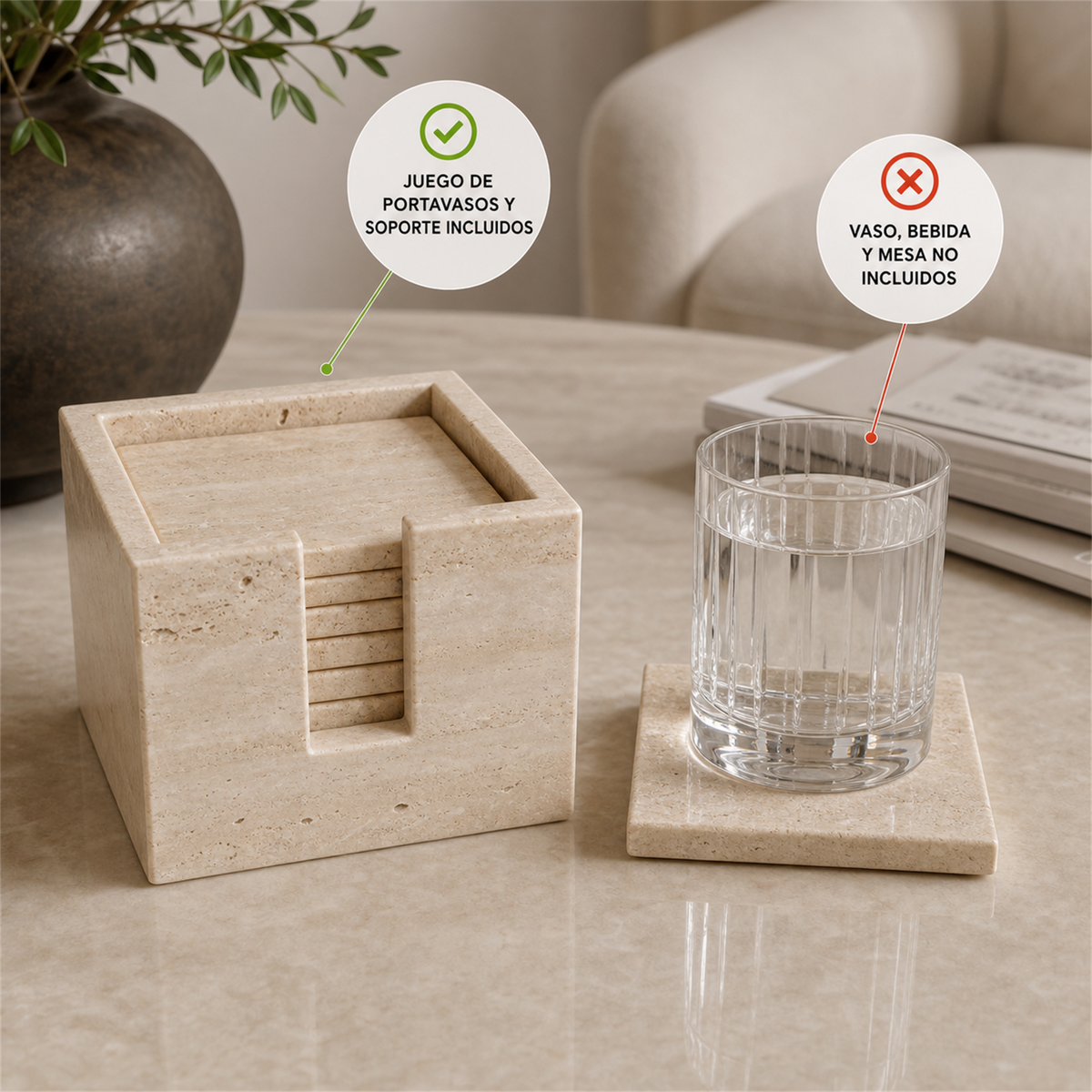Juego de 6 portavasos cuadrados de travertino beige