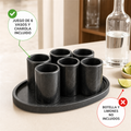 Juego de 6 vasos de piedra negra con charola