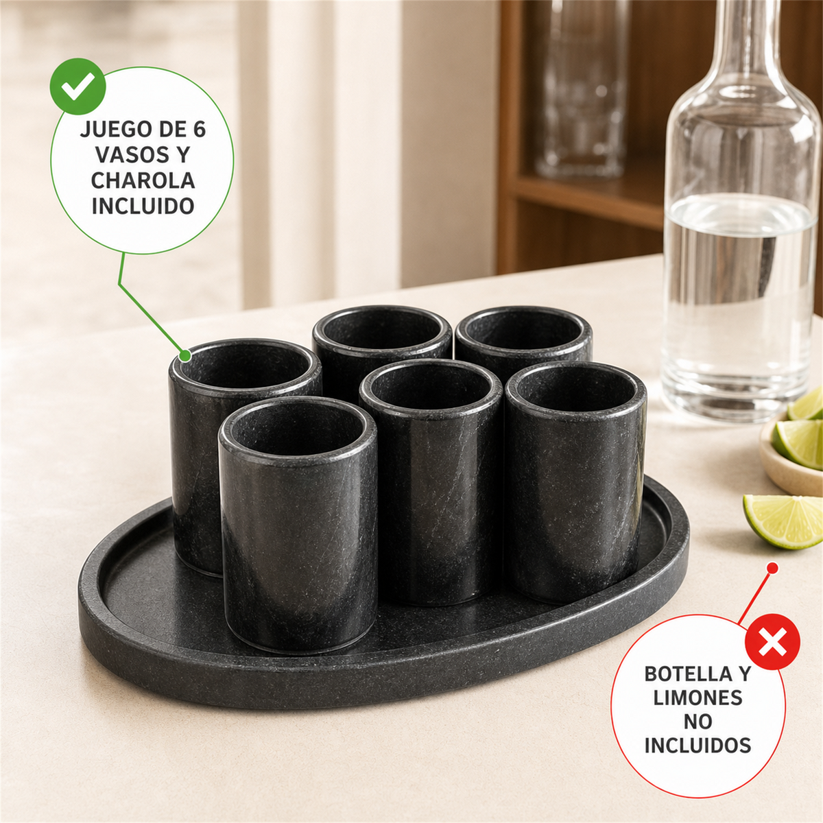 Juego de 6 vasos de piedra negra con charola