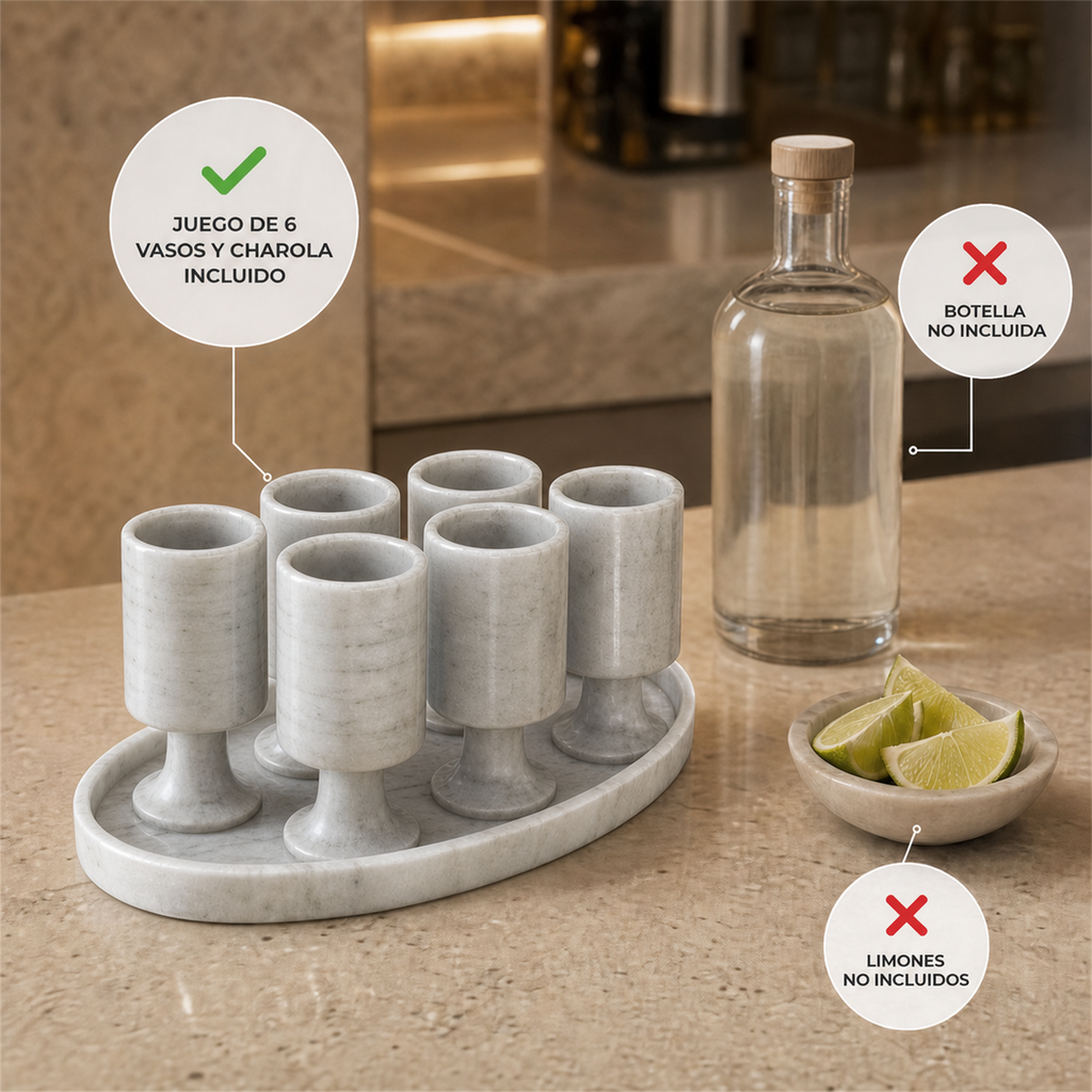 Juego de 6 copas de piedra gris con charola