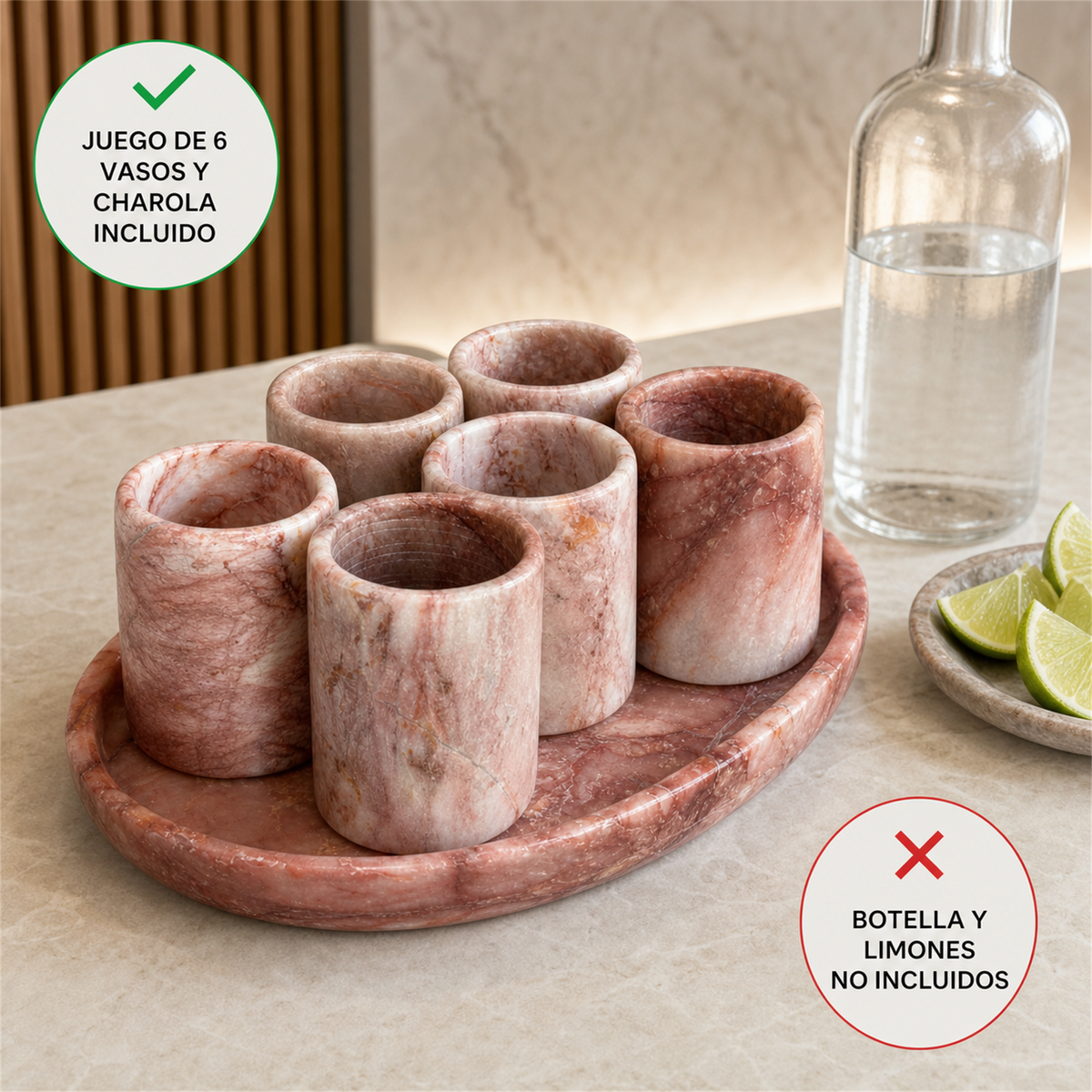Juego de 6 vasos de mármol rosa con charola