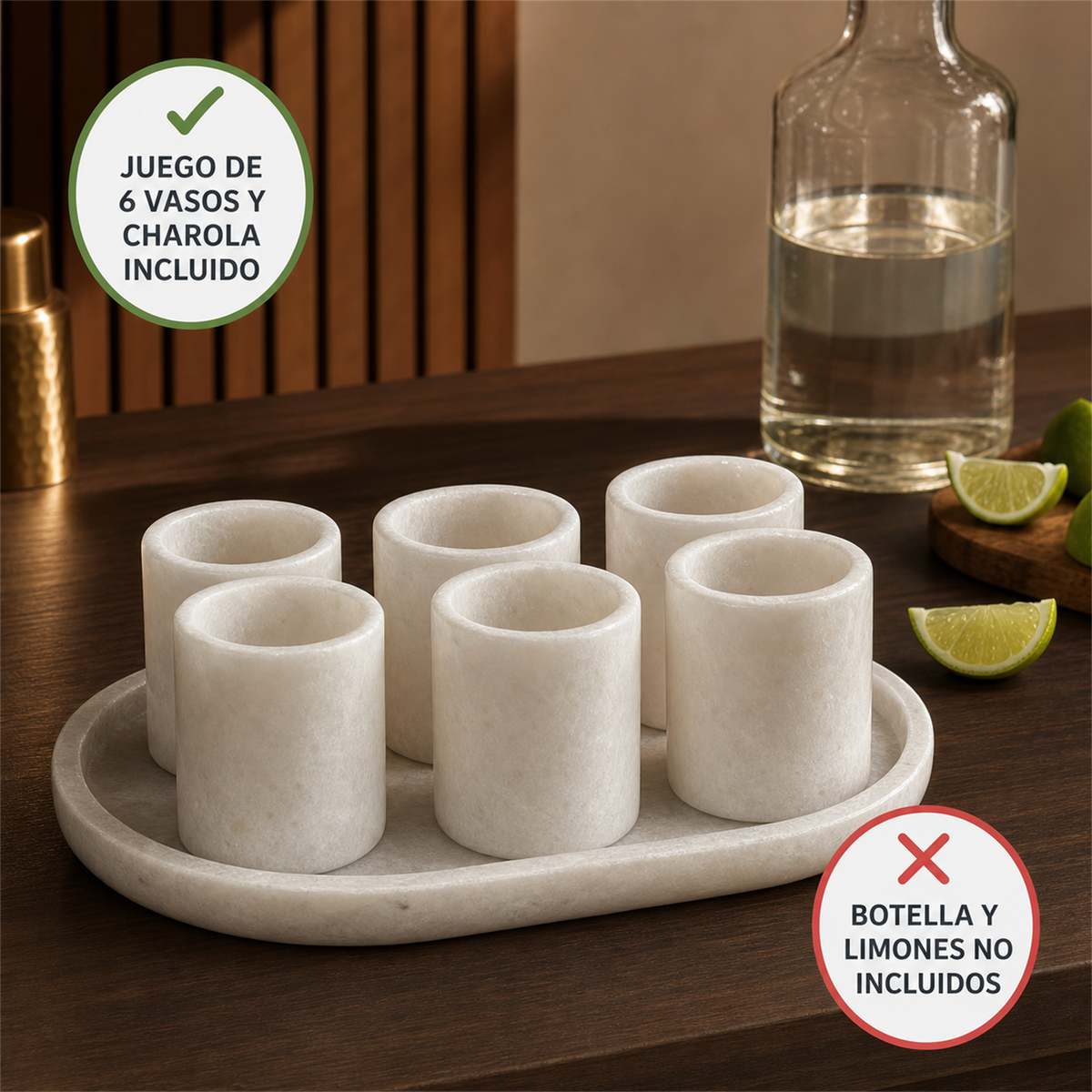 Juego de 6 vasos de mármol blanco con charola