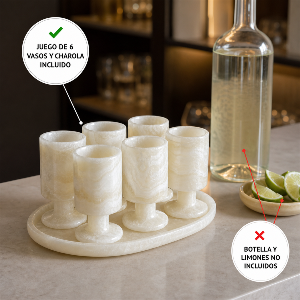 Juego de 6 copas de ónix crema con charola