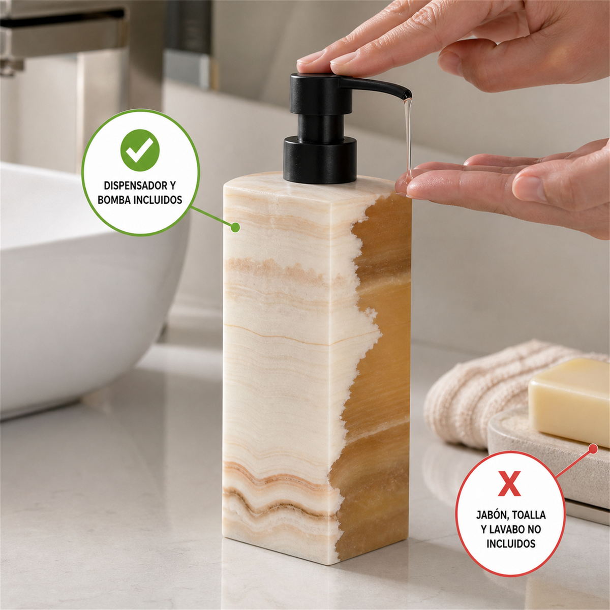 Dispensador de jabón de ónix crema y ámbar