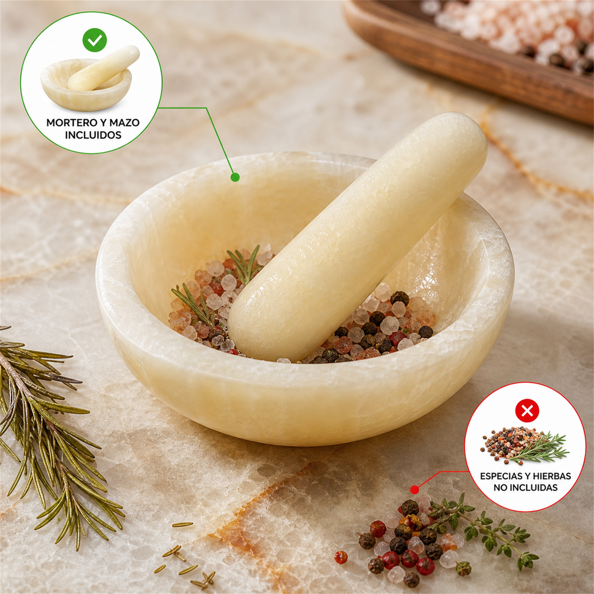 Mortero con mazo de ónix crema