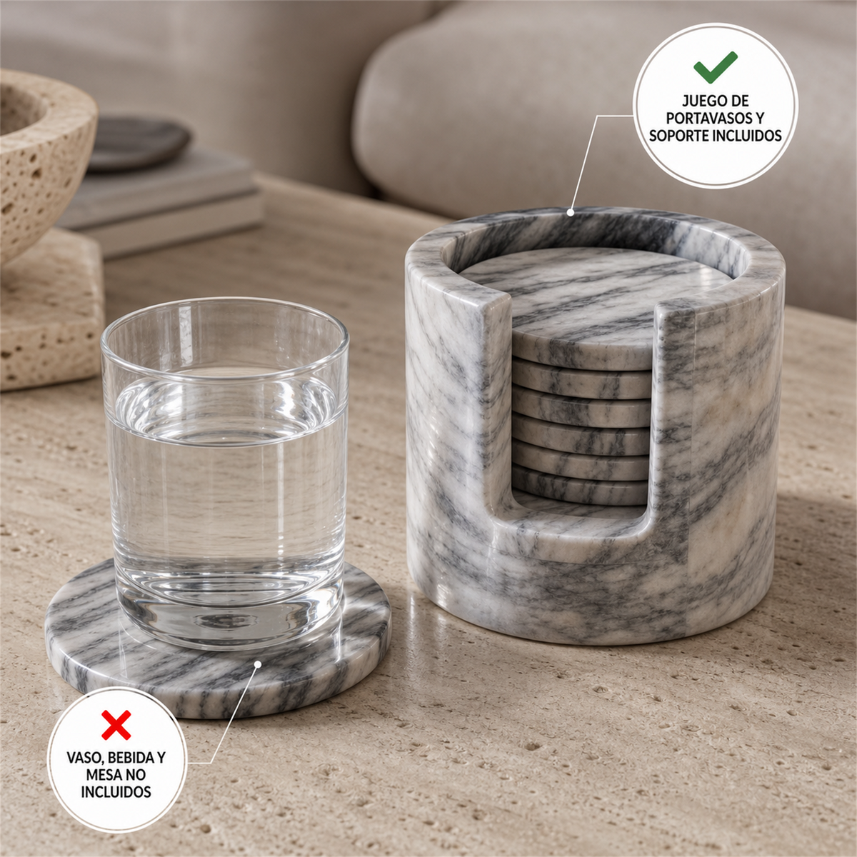 Juego de 6 portavasos redondos de mármol gris