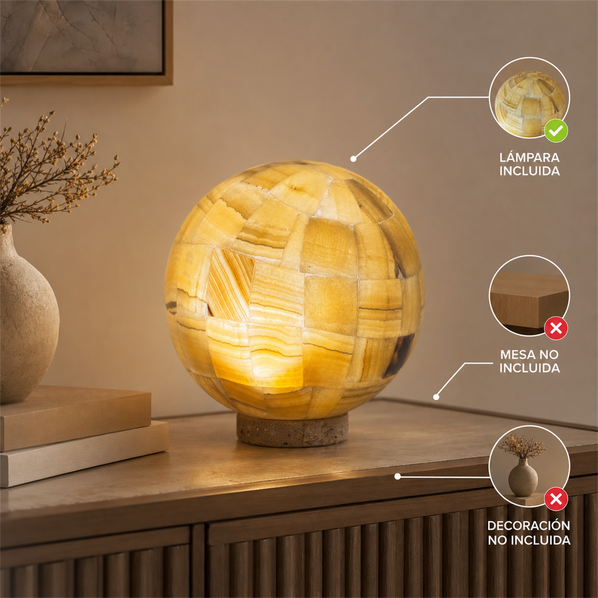 Lámpara esférica de ónix amarillo 30cm