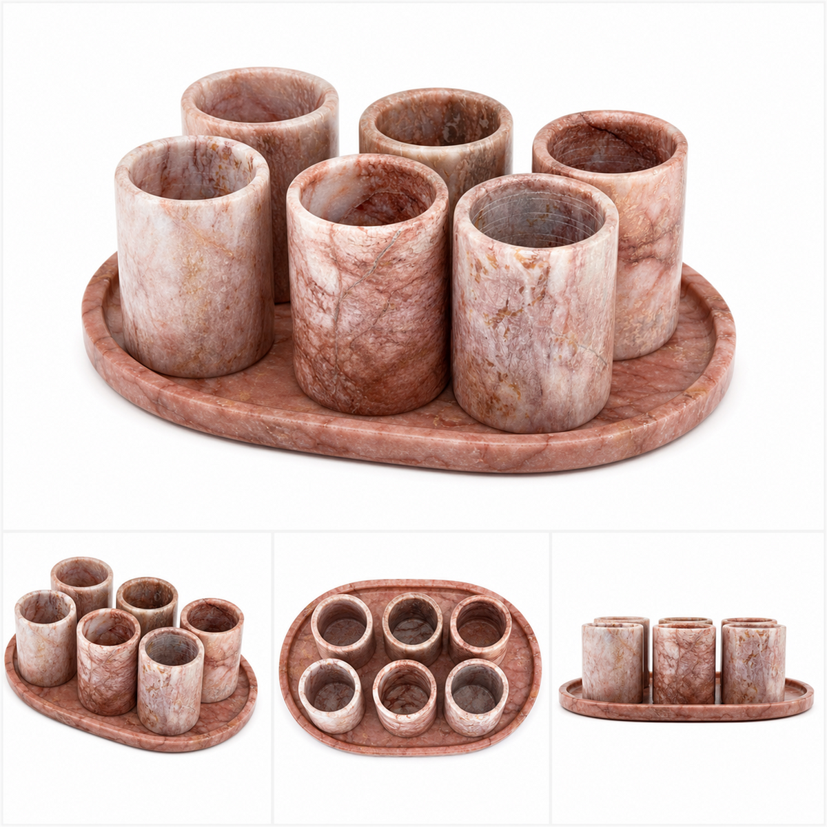Juego de 6 vasos de mármol rosa con charola