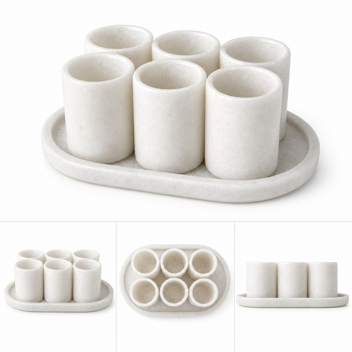 Juego de 6 vasos de mármol blanco con charola