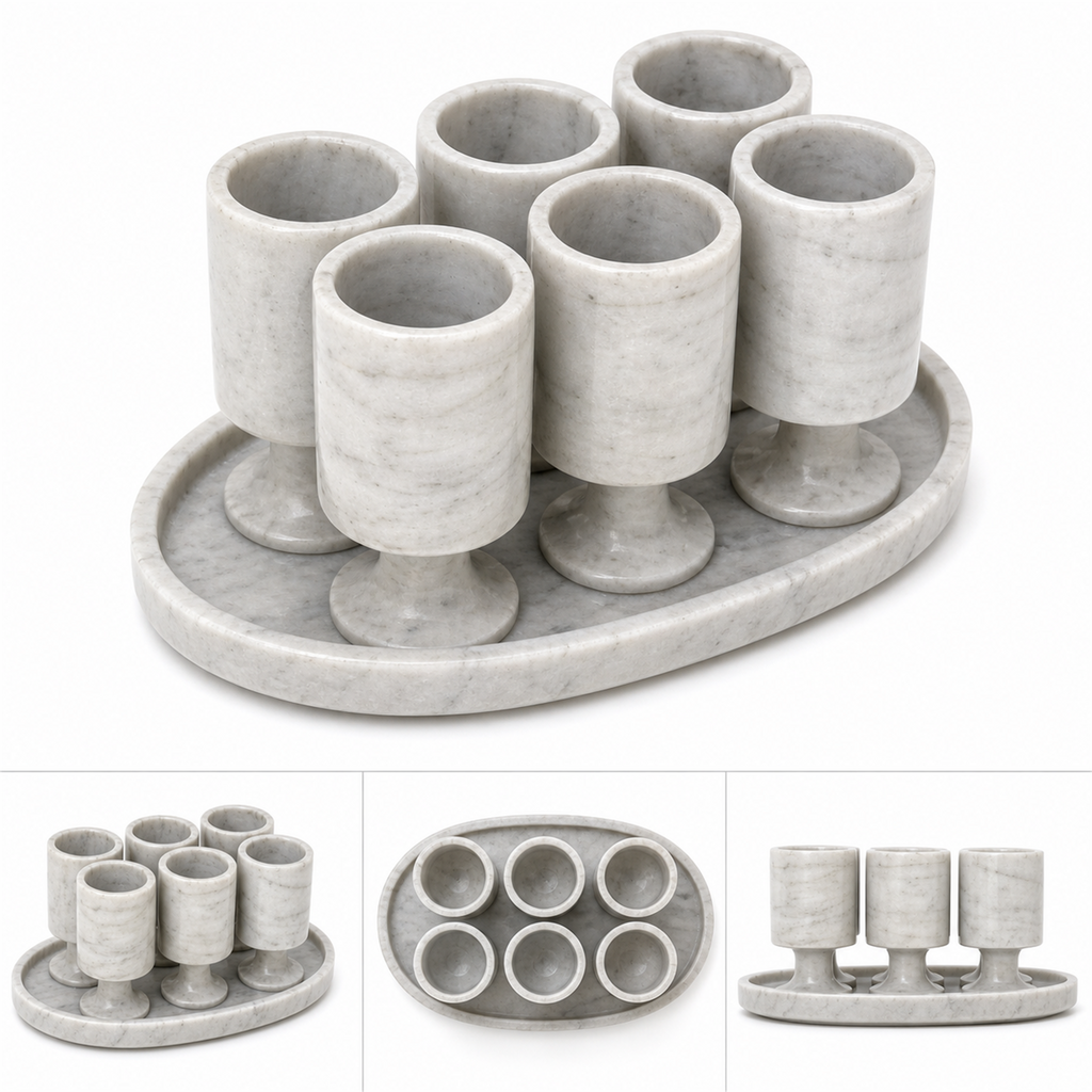 Juego de 6 copas de piedra gris con charola