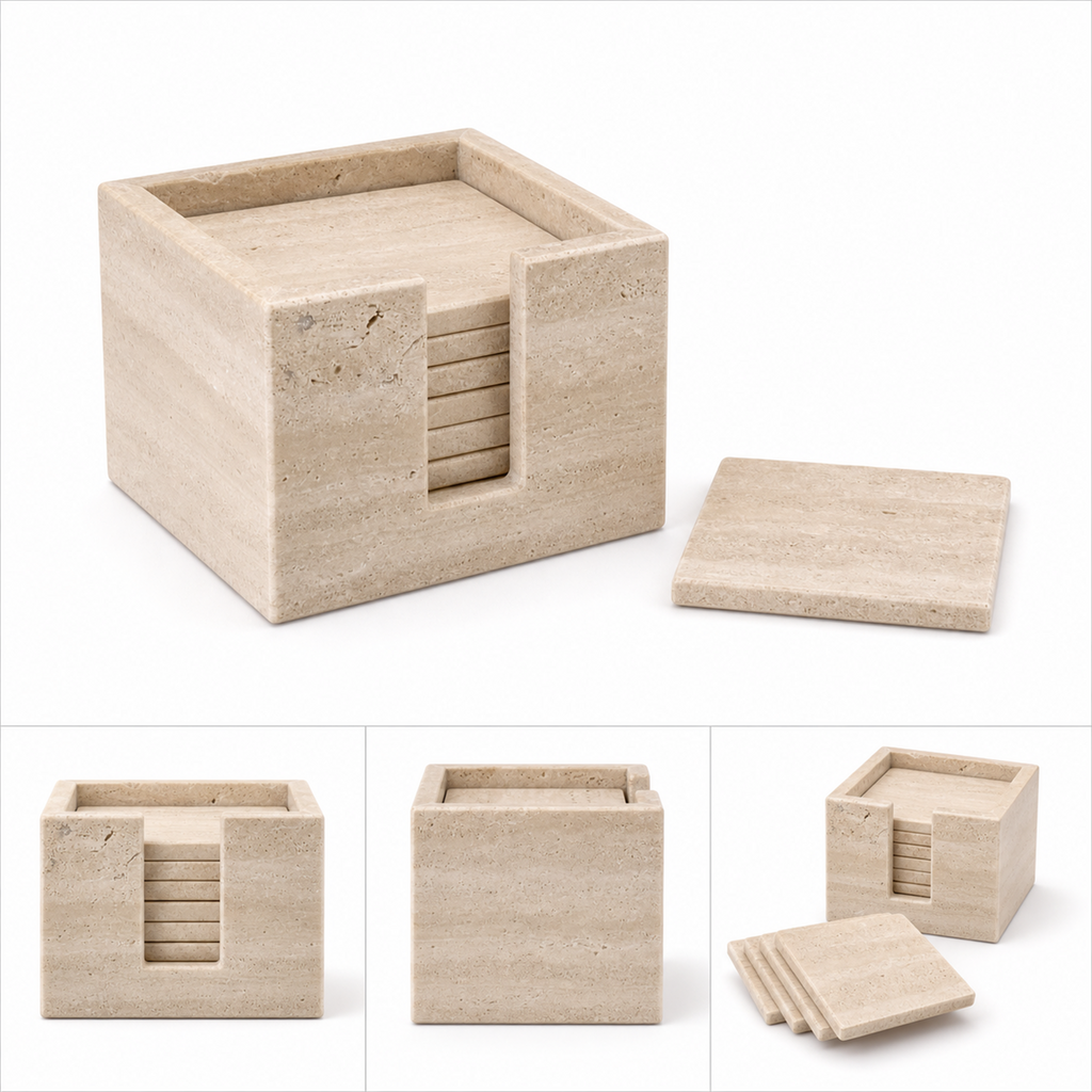 Juego de 6 portavasos cuadrados de travertino beige