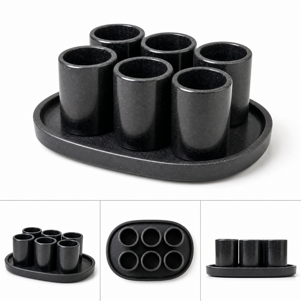 Juego de 6 vasos de piedra negra con charola