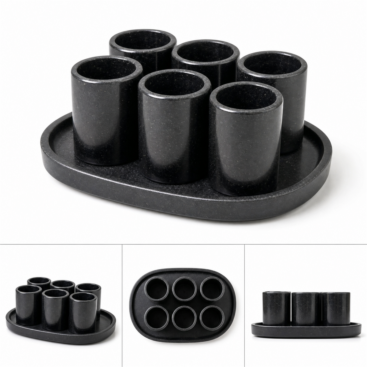 Juego de 6 vasos de piedra negra con charola