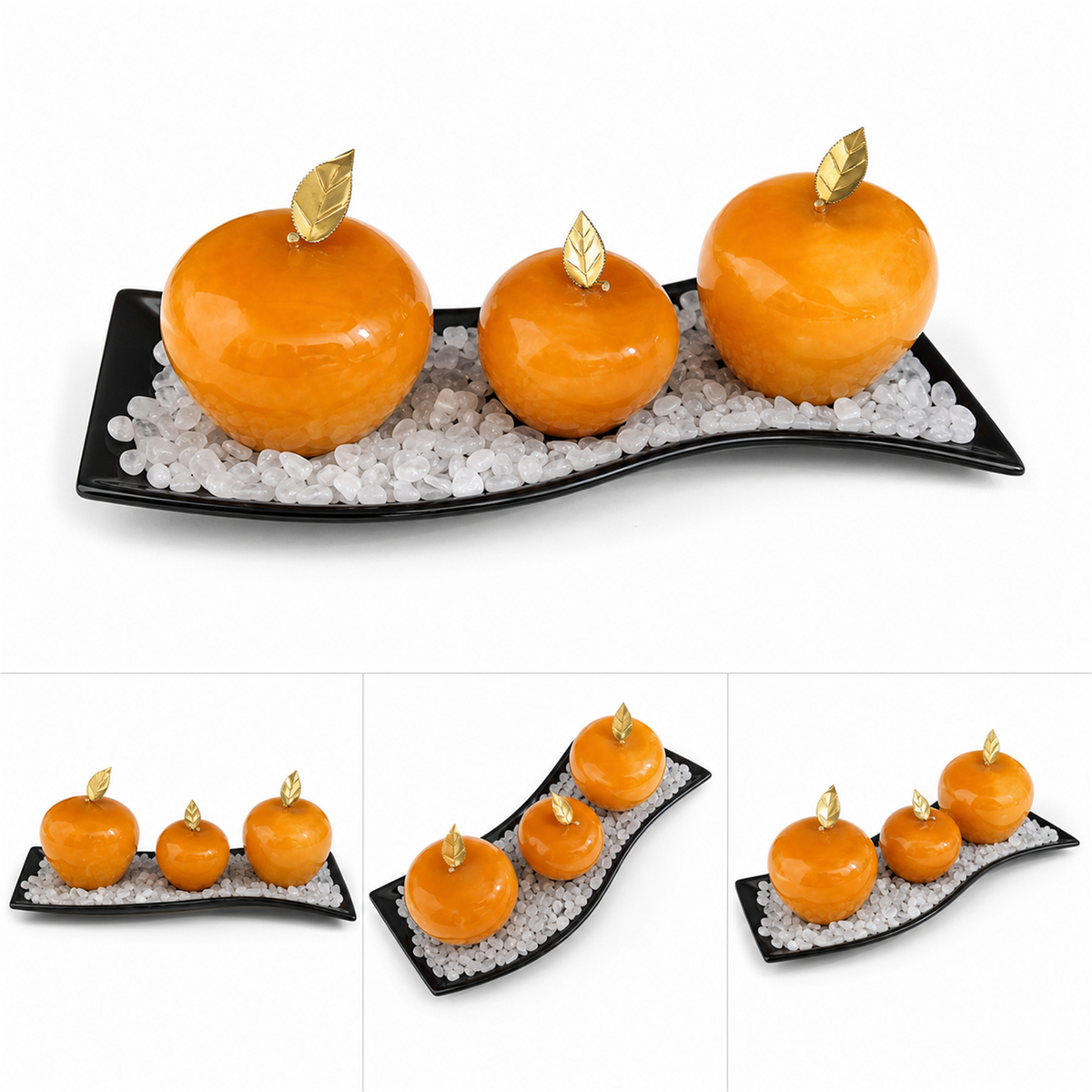 Conjunto de 3 manzanas de ónix naranja con charola