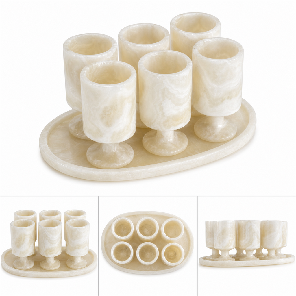 Juego de 6 copas de ónix crema con charola