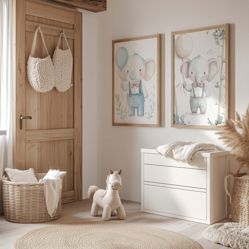 Niedliches Elefanten Kinderzimmer Poster · Aquarell Elefant mit Ballon · Babyzimmer Wanddeko · Pastell Tierillustration · Print ohne Rahmen