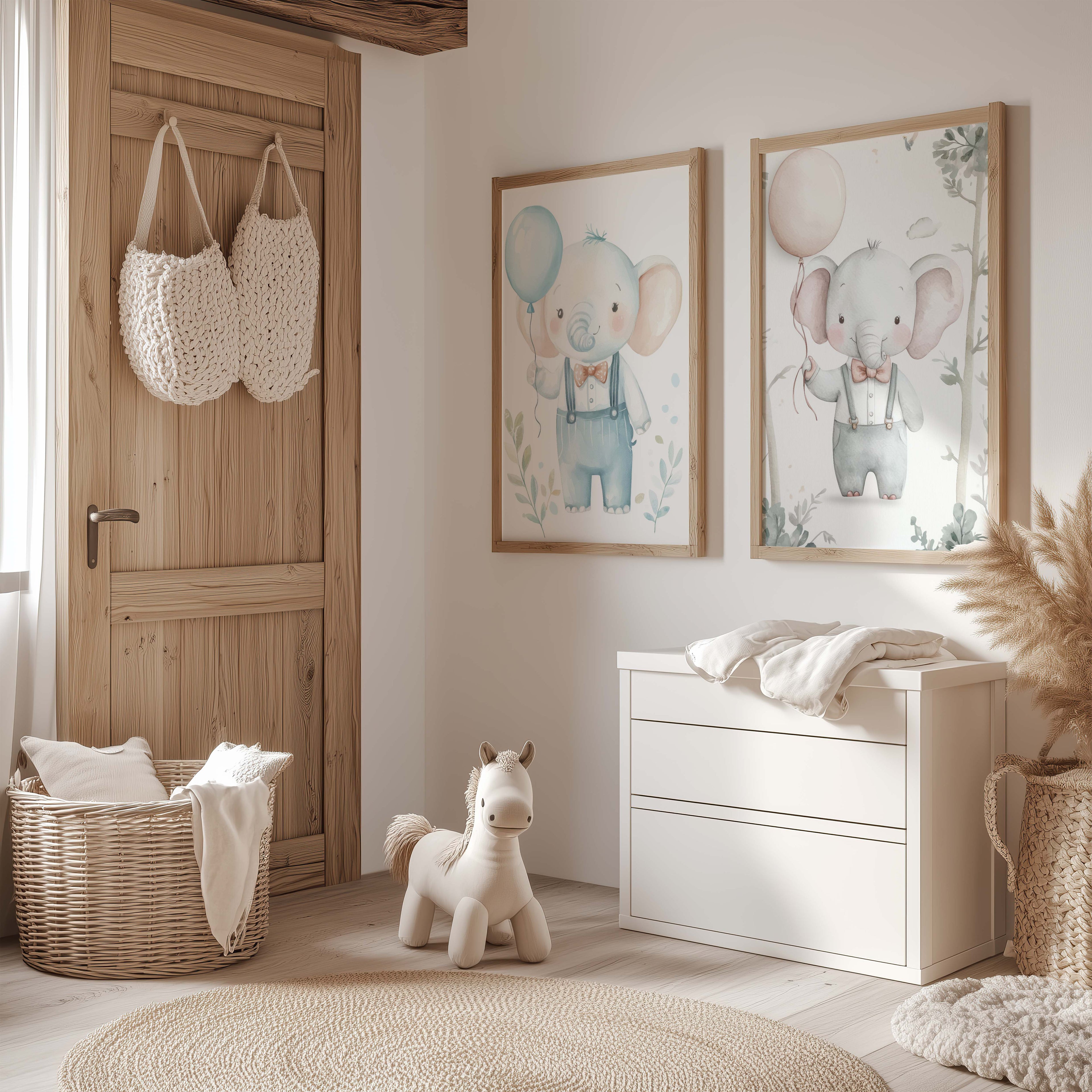 Niedliches Elefanten Kinderzimmer Poster · Aquarell Elefant mit Ballon · Babyzimmer Wanddeko · Pastell Tierillustration · Print ohne Rahmen
