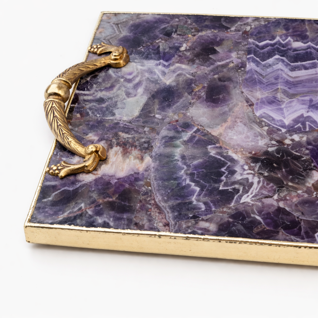 Amethyst Agate Serving Tray With Brass Handles