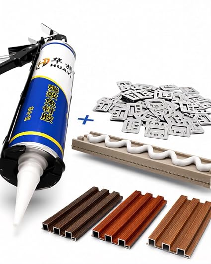 Kit de Instalación para Lambrín tipo madera de WPC, 1 pegamento 310 ML con 50 grapas de Fijación, Sistema de Instalación Oculta.