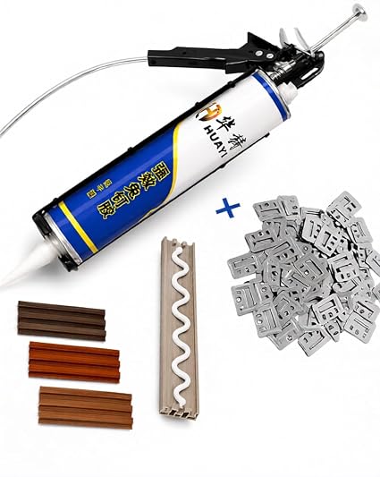 Kit de Instalación para Lambrín tipo madera de WPC, 1 pegamento 310 ML con 50 grapas de Fijación, Sistema de Instalación Oculta.