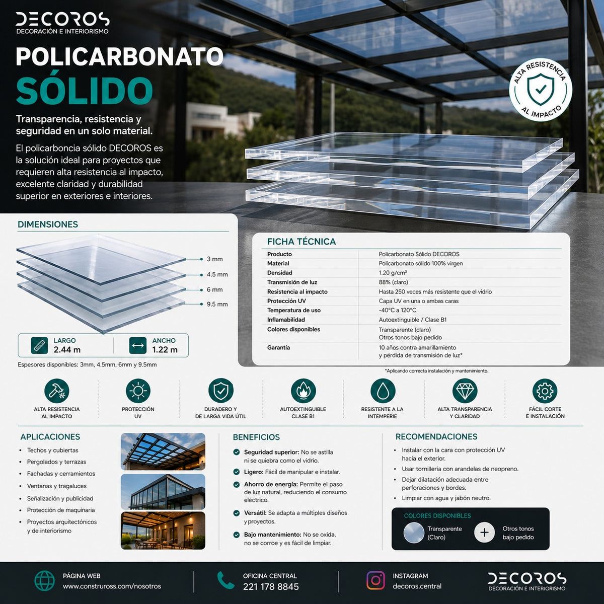 Placa de Policarbonato Sólido Cristal 1.22 x 2.44 m