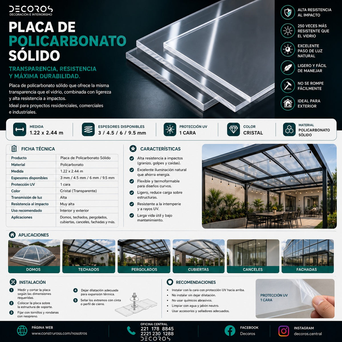 Placa de Policarbonato Sólido Cristal 1.22 x 2.44 m