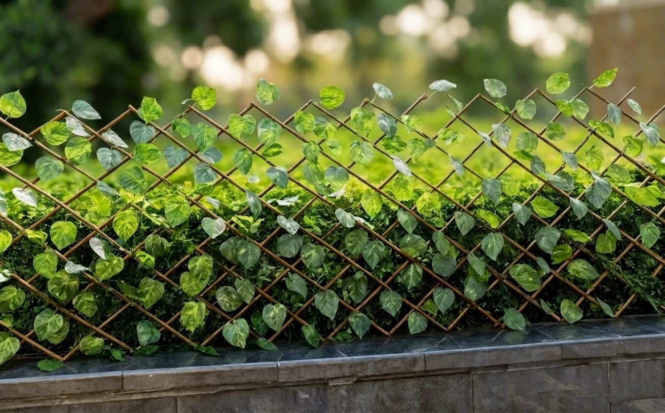 Cerca Expandible con Follaje Artificial Verde, Panel Decorativo para Jardín e Interior.